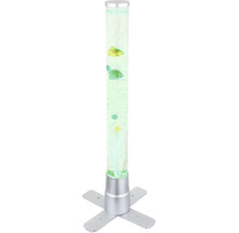 Dekorative Wassersäule mit Luftblasen, schwimmenden Kunststoff-Fischen und einem silbernen Kreuzfuß.