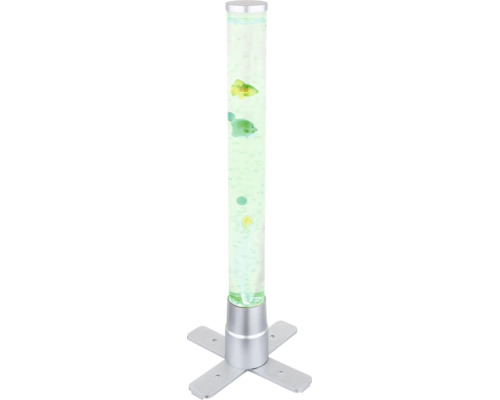 Dekorative Wassersäule mit Luftblasen, schwimmenden Kunststoff-Fischen und einem silbernen Kreuzfuß.