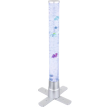 LED-Wassersäule mit künstlichen Fischen, Luftblasen und silberfarbenem Standfuß in Kreuzform.