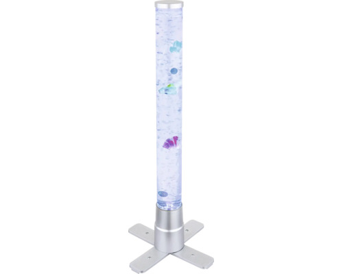 LED-Wassersäule mit künstlichen Fischen, Luftblasen und silberfarbenem Standfuß in Kreuzform.