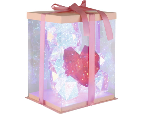 Beleuchtete Geschenkschachtel aus Kunststoff mit Schleife und Dekoration
