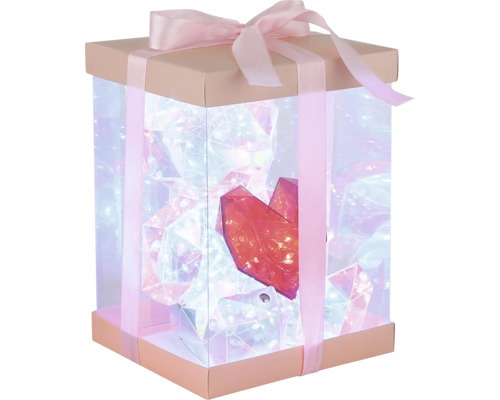 Geschenkbox mit Schleife, beleuchteten Diamanten und Herz im Inneren
