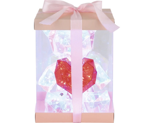Geschenkbox mit transparentem Bären und beleuchtetem Herz sowie Schleife