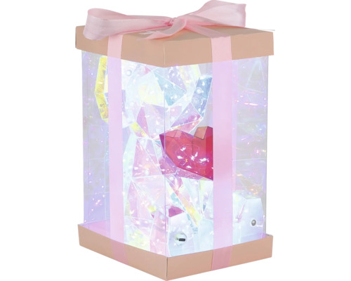 Beleuchtetes Geschenkpaket mit Schleife und dekorativem Innenleben mit Herz