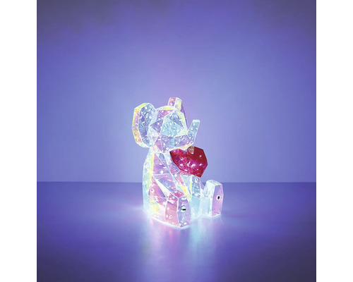 LED-Dekofigur Elefant in schimmernder Kristall-Optik mit einem roten Herz, beleuchtet