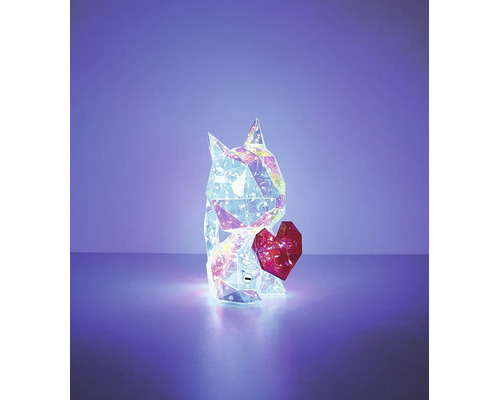 Beleuchtete LED-Dekofigur in Form einer geometrischen Katze mit einem Herz.