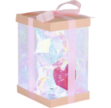 Geschenkbox mit Schleife, transparenter Folie und integrierter Beleuchtung.