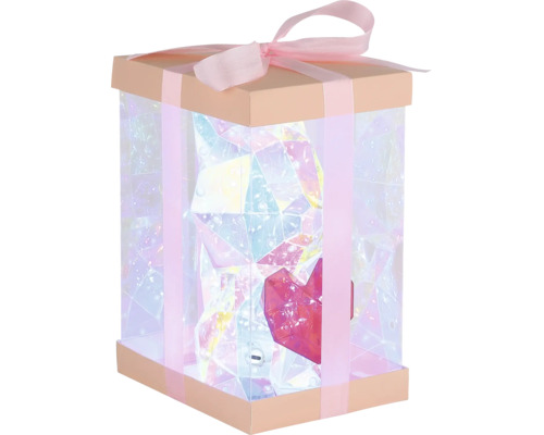 Geschenkbox mit Schleife, transparenter Folie und integrierter Beleuchtung.