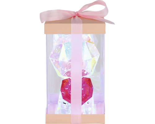 Geschenkbox mit einer transparenten Figur, die ein Herz hält und mit Schleife verziert ist