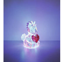 Beleuchtete LED-Dekofigur Einhorn mit Herz, aus Acryl in Kristalloptik für den Innen- und Außenbereich.