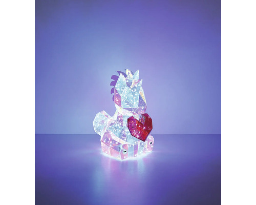 Beleuchtete LED-Dekofigur Einhorn mit Herz, aus Acryl in Kristalloptik für den Innen- und Außenbereich.