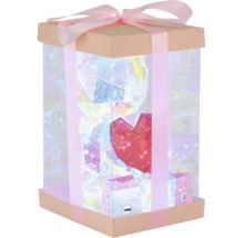 Beleuchtete Geschenkschachtel mit transparenten Wänden, Schleife und Herzfigur im Inneren