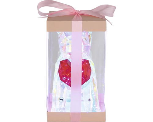 Beleuchtete Bärenfigur aus Acryl mit rotem Herz in transparenter Geschenkverpackung mit Schleife