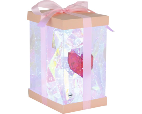 Geschenkbox mit Schleife und integrierter Beleuchtung sowie einem Herz im Inneren