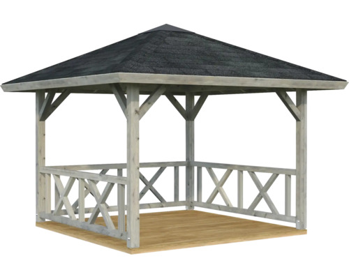Gartenpavillon aus Holz mit Walmdach, Schindeln und Brüstung mit Kreuzstreben.
