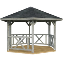 Sechseckiger Gartenpavillon aus Holz mit dunklem Schindeldach, Holzfußboden und Geländer mit Kreuzstreben.