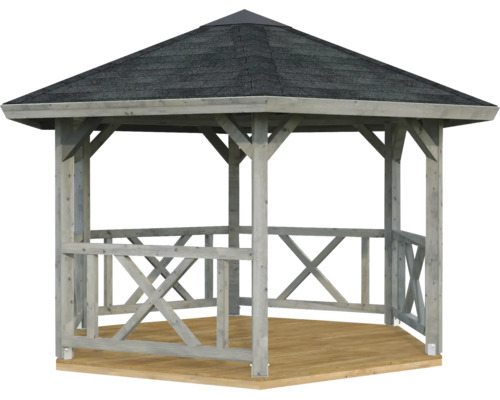 Sechseckiger Gartenpavillon aus Holz mit dunklem Schindeldach, Holzfußboden und Geländer mit Kreuzstreben.
