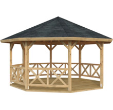 Gartenpavillon aus Holz mit dunklem Schindeldach, Geländer mit Kreuzmuster und integriertem Holzboden.