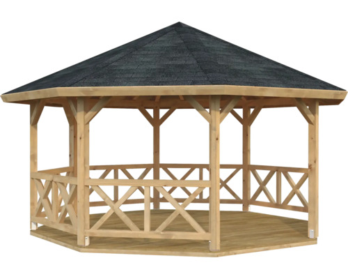 Gartenpavillon aus Holz mit dunklem Schindeldach, Geländer mit Kreuzmuster und integriertem Holzboden.