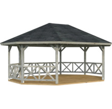 Gartenpavillon aus Holz mit dunklem Schindeldach, integriertem Holzboden und dekorativem X-Geländer.