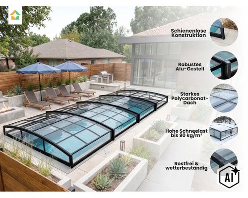 Moderne, schienenlose Poolüberdachung aus schwarzem Aluminium und Polycarbonat in einem Garten mit Pool, Liegen und Sonnenschirmen. (Image AI modified or generated)