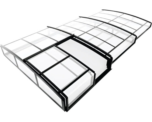 Teleskop-Poolüberdachung mit flachem Profil und schwarzem Aluminiumrahmen. Transparente Paneele aus Polycarbonat.