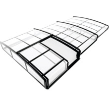 Teleskopische Poolüberdachung mit schwarzem Aluminiumrahmen und transparenten Paneelen, bestehend aus mehreren Segmenten.