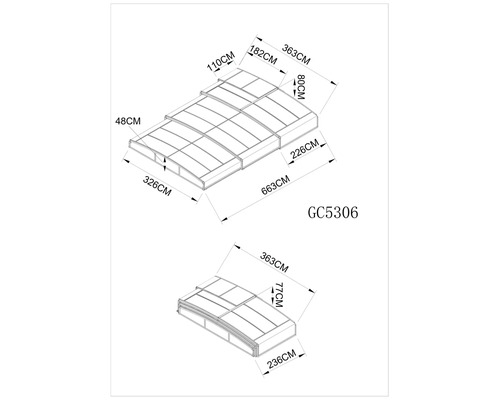 Technische Zeichnung der Poolüberdachung GC5306 mit Maßen in Zentimetern. Gesamtlänge 663 Zentimeter, Breite bis zu 363 Zentimeter.