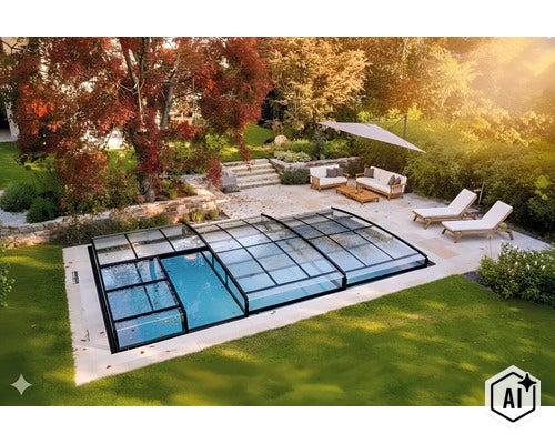 Flache, teleskopierbare Poolüberdachung aus Glas und Aluminium auf einer hellen Steinterrasse in einem weitläufigen Garten mit Sitzmöbeln. (Image AI modified or generated)