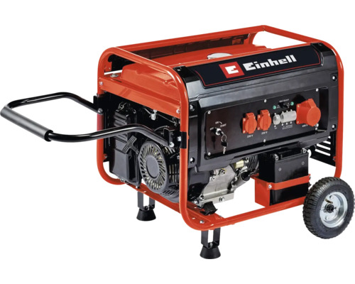 Einhell Stromerzeuger fahrbar mit Transportgriff, Bedienfeld inklusive 230 Volt und 400 Volt Steckdosen sowie Einhell Logo.