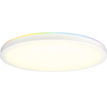 Flache runde LED-Deckenleuchte mit farbiger Hintergrundbeleuchtung und weißem Diffusor.