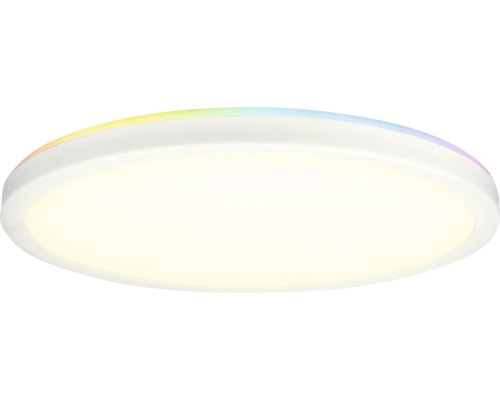 Flache runde LED-Deckenleuchte mit farbiger Hintergrundbeleuchtung und weißem Diffusor.