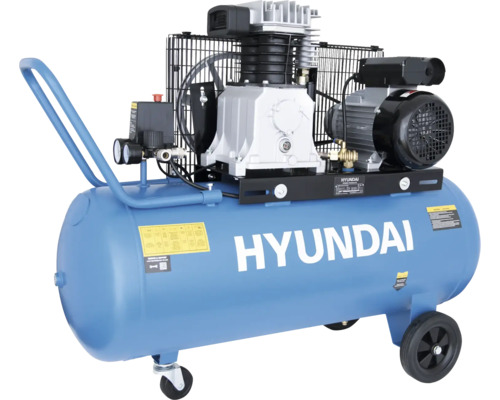Mobiler Hyundai Luftkompressor mit blauem Druckluftbehälter, Rädern, Schubbügel und zwei Zylindern.