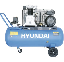 Hyundai Kompressor mit blauem liegendem Druckbehälter, zwei Rädern und Handgriff.