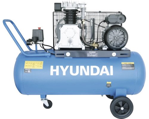 Hyundai Kompressor mit blauem liegendem Druckbehälter, zwei Rädern und Handgriff.