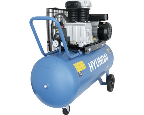 Hyundai Kompressor mit Rädern, großem Druckbehälter, Manometer und Schubbügel.