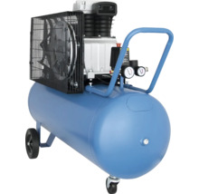Kompressor mit blauem Tank, zwei Manometern, Rädern und Transportgriff.