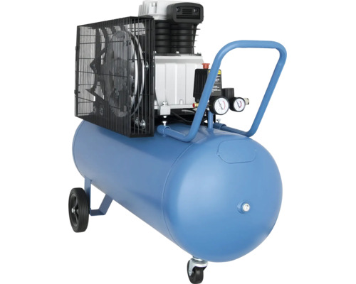 Kompressor mit blauem Tank, zwei Manometern, Rädern und Transportgriff.