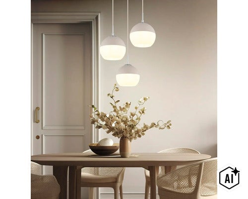 Drei kugelförmige Pendelleuchten über einem ovalen Holztisch in einem hellen, modern eingerichteten Esszimmer mit Dekovase und Flechtstühlen. (Image AI modified or generated)
