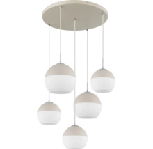 Moderne fünf-flammige Pendelleuchte mit kugelförmigen Glasschirmen, die in unterschiedlichen Höhen an einer runden Basis hängen.