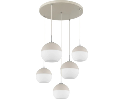Moderne fünf-flammige Pendelleuchte mit kugelförmigen Glasschirmen, die in unterschiedlichen Höhen an einer runden Basis hängen.