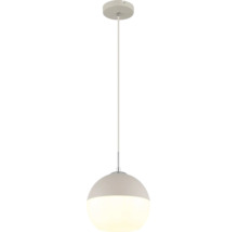 Moderne Pendelleuchte mit halbkugelförmigem Schirm in Grau und Weiß für den Innenbereich.