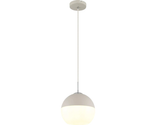 Moderne Pendelleuchte mit halbkugelförmigem Schirm in Grau und Weiß für den Innenbereich.