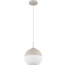 Hängeleuchte mit beigem Baldachin, Textilkabel und zweifarbiger Kugelform aus Metall und Glas.