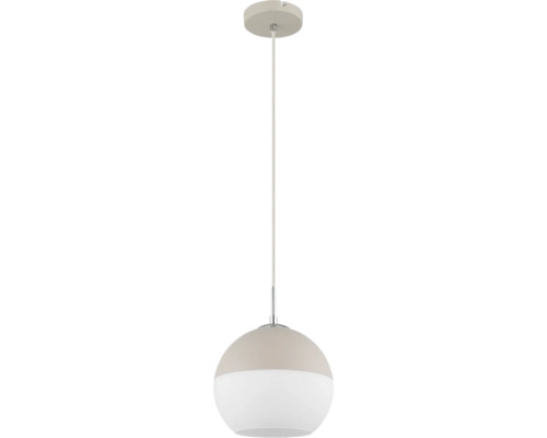 Hängeleuchte mit beigem Baldachin, Textilkabel und zweifarbiger Kugelform aus Metall und Glas.