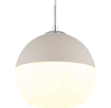 Kugelförmige Pendelleuchte mit modernem, zweigeteiltem Schirm aus Metall und mattiertem Glas.