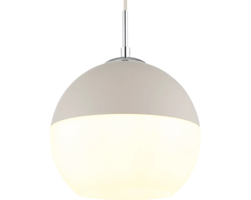 Kugelförmige Pendelleuchte mit modernem, zweigeteiltem Schirm aus Metall und mattiertem Glas.