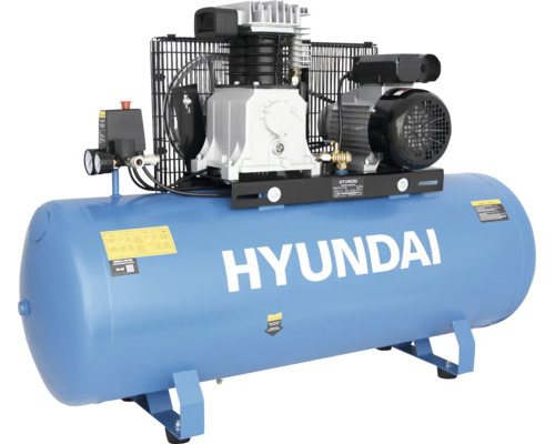 Blauer Hyundai Luftkompressor mit horizontalem Druckluftbehälter, Manometern und Schutzgitter.