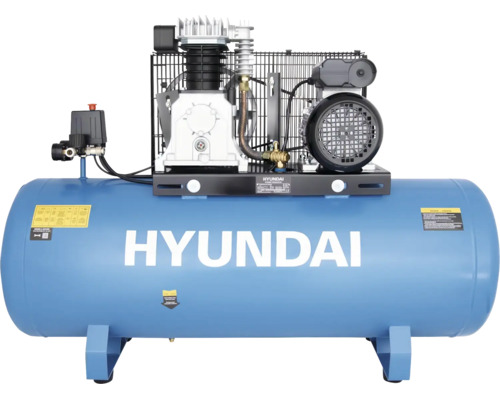 Hyundai Druckluftkompressor mit blauem horizontalem Kessel, Motor und Pumpeneinheit.