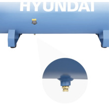Hyundai Logo auf Kompressortank mit Detailansicht des Ablassventils für Kondenswasser.